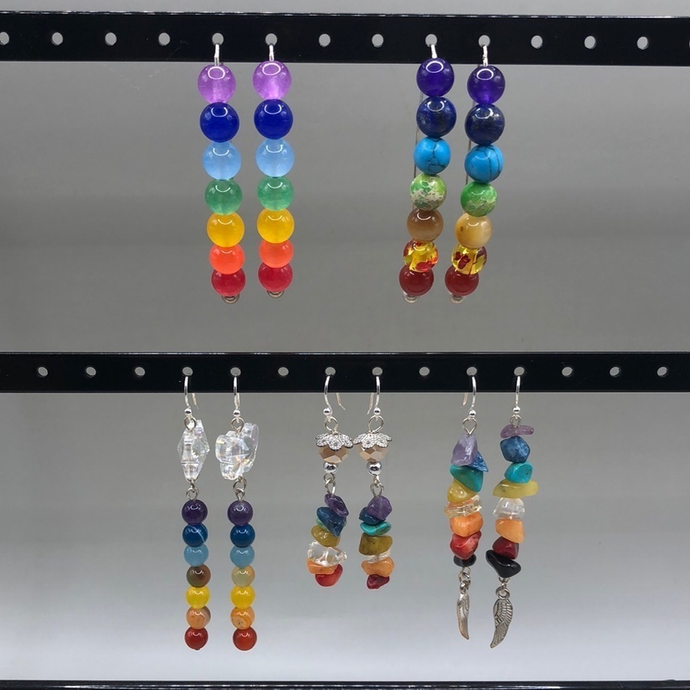 Artisan handmade boho style dangle drop earrings colorful, 5 pairs, long.